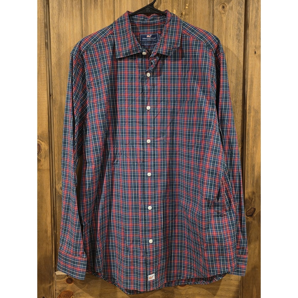 VINEYARD VINES Performance Shirt‎ Men Large Button Down Red Plaid Nylon Stretch